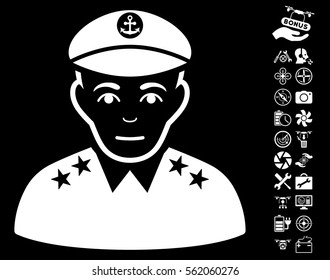 Military Captain icon with bonus airdrone tools images. Vector illustration style is flat iconic white symbols on black background.