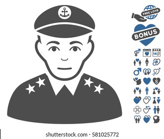 Military Captain icon with bonus romantic pictograms. Vector illustration style is flat iconic cobalt and gray symbols on white background.