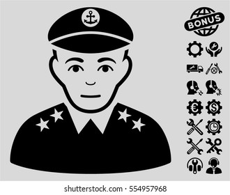Military Captain pictograph with bonus settings pictograms. Vector illustration style is flat iconic black symbols on light gray background.