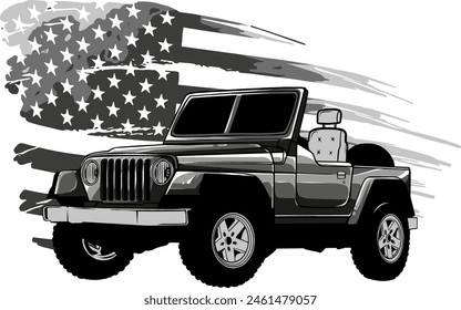 military car with american flag vector illustration