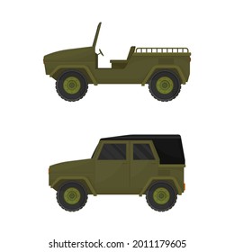 Military Car as Transportation Vehicle Used in Army for Carrying Armed Forces Vector Set