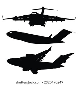 diseño vectorial de conjunto de siluetas de avión de carga militar