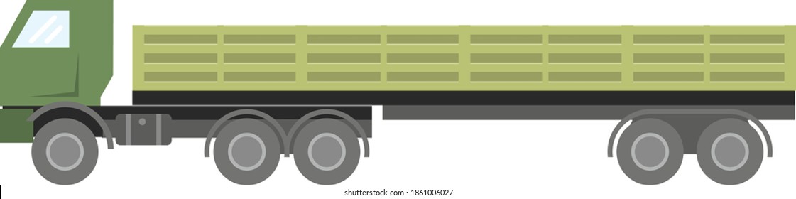 Military cargo vehicle, trailer isolated on white background. Transport for transportation, delivery of goods. Logistics concept, freight, international transport. Flat infographics. Vector 