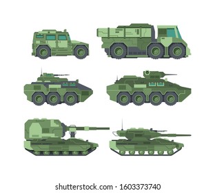 Military cars types flat vector illustrations set