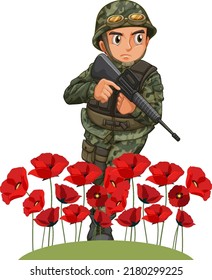 Military Cartoon Character With Poppy Flower Illustration