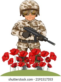 Military cartoon character with poppy flower illustration