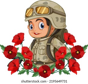 Military cartoon character with poppy flower icon illustration