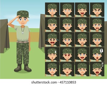 Military Casual Wear Soldier Woman Cartoon Emotion faces