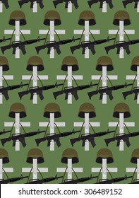 Military Cemetery. Vector background of Memorial Day. Crosses with soldiers helmets. Accessories a soldiery man: automatic gun and army badge.