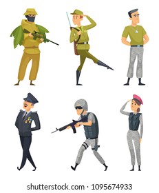 Military characters. Army soldiers male and female. Military man in uniform with ammunition. Vector illustration