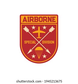 Military chevron airborne special division squad patch on uniform. Vector parachuting skydiving aviation forces, shield with armed amour. Army air squad, emblem with crossed arrows and plane