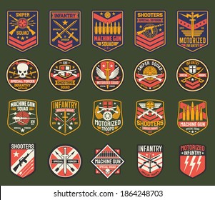 Military Chevrons Vector Icons, Army Stripes For Sniper Squad, Infantry Special Forces Division. Machine Gun, Shooters, Motorized Battalion, Isolated Army Insignia With Weapon, Skull Or Swords Set