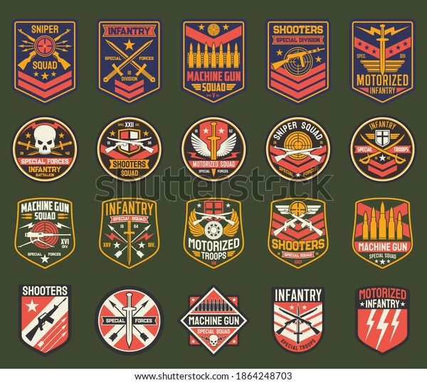 Military chevrons vector icons, army stripes for\
sniper squad, infantry special forces division. Machine gun,\
shooters, motorized battalion, isolated army insignia with weapon,\
skull or swords set