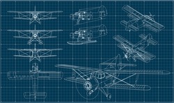 Military And Civil Aircraft. Biplane Of The Times Of The USSR. Blueprint With Projections And Isometry. Scale Model Of An Airplane.