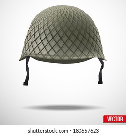 Military classic helmet green color. Vector illustration. Metallic army symbol of defense and protect. Isolated on white background. Editable.