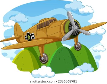 A military classic vintage aircraft flying over a sky with a mountain background, isolated in a vector cartoon illustration style