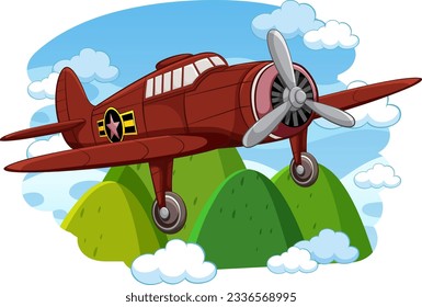 A military classic vintage aircraft flying over a sky with a mountain background, isolated in a vector cartoon illustration style.