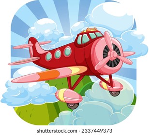 A military classic vintage aircraft flying over a sky with a mountain background, isolated in a vector cartoon illustration style