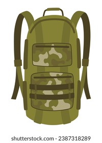 Military clothes, equipment for soldier. Woodland camouflage style, isolated icon. Isolated backpack. Flat cartoon, vector illustration