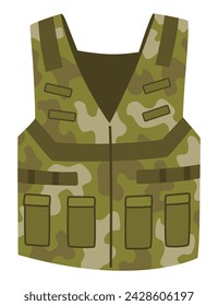 Military clothes, equipment for soldier. Woodland camouflage style, isolated icon. Isolated waistcoat. Flat cartoon, vector illustration