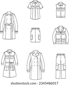 Military clothing flat sketch. Trench coat, dress, shirt, skirt, coat, vest, jacket, pants. Women CAD mockup. Technical drawing. Vector illustration.