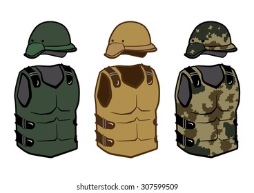 Military clothing protection vests camouflage body carbon armor and helmet for war isolated vector illustration