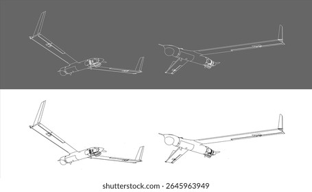Avión no tripulado de combate militar, plano de dibujo de línea técnica de UAV