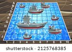 Military combat game Sea battle. Playing field with a grid and figurines in the form of warships. 