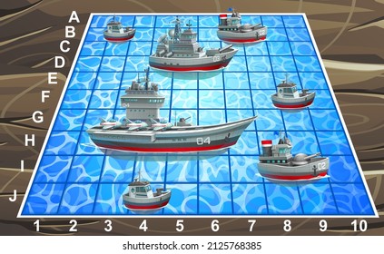 Military combat game Sea battle. Playing field with a grid and figurines in the form of warships. 