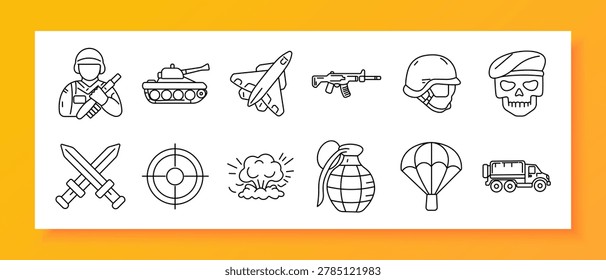 Military combat set icon. Line icons depict soldier figure, tank vehicle, fighter aircraft, rifle weapon, helmet gear, skull symbol, crossed swords, target sight, explosion cloud, grenade bomb
