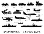 Military combat vehicles, transportation, and machine icon set. Artwork depicts army armored vehicle, tank, missile truck, bomber, attack helicopter, jet fighter, warship, boat, ship, and submarine.