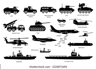 Military Combat Vehicles, Transportation, And Machine Icon Set. Artwork Depicts Army Armored Vehicle, Tank, Missile Truck, Bomber, Attack Helicopter, Jet Fighter, Warship, Boat, Ship, And Submarine.