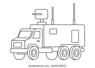 Veículo de comunicação militar em projeto detalhado com antenas e equipamentos de radar