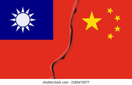 The military conflict between China and Taiwan. Flags of countries divided by contradictions. Vector conceptual illustration