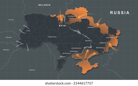 Military conflict between Ukraine and Russia. Black poster with borders of state and hot spots with war, occupation, struggle and protection. Geopolitical crisis. Cartoon realistic vector illustration