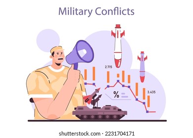 Military conflicts recession. Significant, widespread, and prolonged economic stagnation caused by war, political crisis or tension. Economical activity decline. Flat vector illustration
