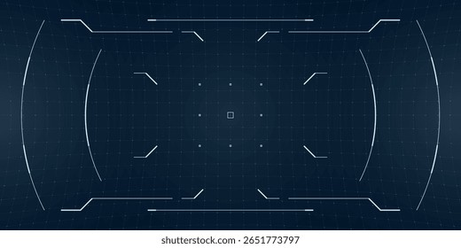 Interface cibernética militar com retículo brilhante e grade de planta. O layout HUD combina design de dados futurista com sobreposições de câmera e elementos de falha de ficção científica.