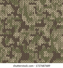 Military decorative knitted camouflage with high detail made fabric texture. Vector khaki green camo seamless pattern.