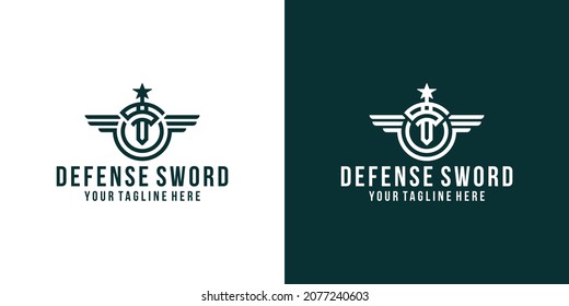 military defense logo design with sword and wings