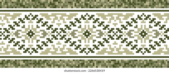 Military design digital pattern. Ukrainian folk ethnic decor. Urban style pixel art vector decor. Fashion military print in green colors.