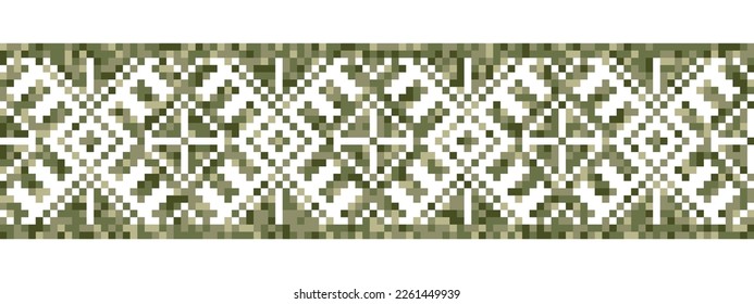 Military design geometric pattern. Ukrainian folk ethnic decor. Urban style pixel art vector decor. Fashion military print in green colors.