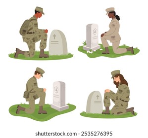 Militares Diversos soldados étnicos homens e mulheres de pé em um joelho na frente de túmulos. Memorial Veterans Cemitério Militar. Ilustração vetorial em estilo plano. Elementos isolados 