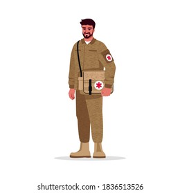 Military doctor semi flat RGB color vector illustration. Military surgeon. Army physician. Young hispanic man working as combat medic isolated cartoon character on white background