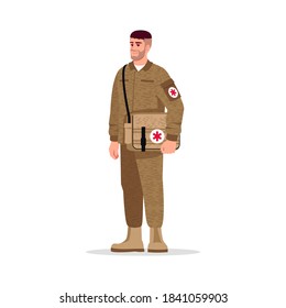 Military Doctor Semi Flat RGB Color Vector Illustration. Male Army Medic. Noncombatant Doctor. Young Caucasian Man Working As Combat Medic Isolated Cartoon Character On White Background