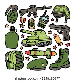 Ilustración de vectores militares de Doodle, fondo blanco