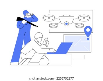 Ilustración vectorial de concepto abstracto de drones militares. Robótica militar, uso de drones en defensa, tecnología de aviones, aeroespacial, vehículos aéreos no tripulados, metáfora abstracta de sistemas pilotados a distancia.