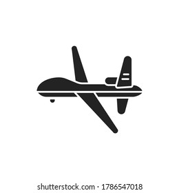 Military Drone Automatic Unmanned Control Black Glyph Icon. Army Aircraft For Intelligence And Attack Template. Sign For Web Page, Mobile App, Banner, Social Media.