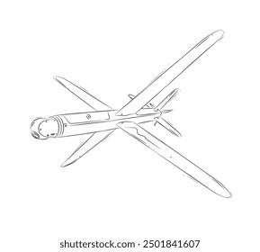 Military drone with camera and wings drawn in black on white background