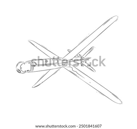Military drone with camera and wings drawn in black on white background