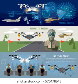 Military Drone, Modern Army Aviation And Weapons. Fighting Flying Robots, War Technology Of Future. Fighter Aircraft, Helicopters, Quadrocopters Military Drones, Powerful Army Control Center  